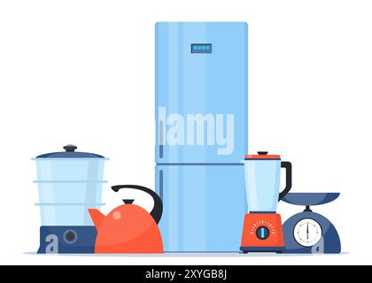 Household electric devices composition. Home appliance set. Domestic equipment. House electronics. Vector illustration Stock Vector