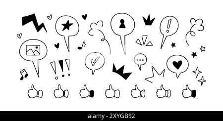 Cute line doodle social media like icons. Handwriting speech bubbles, text boxes, like, feedback, follow, subscribe illustrations. Kid, children party Stock Vector