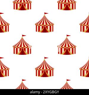 Seamless pattern with a circus tent. A background template with red and yellow striped circus tents with a flag on a white background. For carnival, t Stock Vector