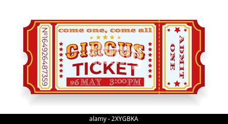 Colorful retro circus ticket. Decorative elements, star pattern, text CIRCUS, ADMIT ONE, details events, date and time. Red, yellow, white color. Stock Vector