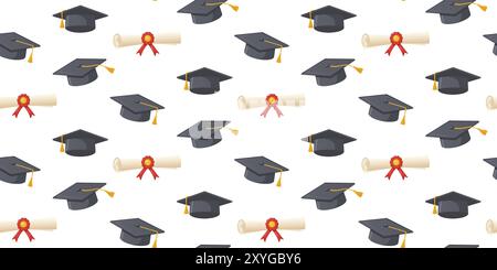 Seamless pattern with graduation caps and diplomas on a white background. Mortarboards with yellow tassels and diplomas tied with red ribbons. For gra Stock Vector