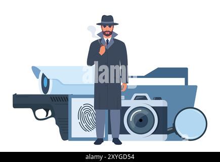 Murder investigation icons composition. Private detective in gray hat and coat. Investigation tools. Crime symbols. Criminology Police Crime Investiga Stock Vector