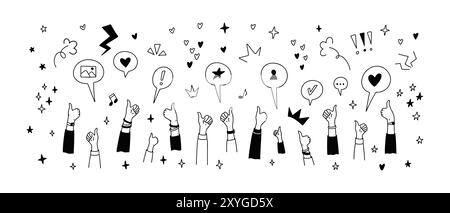 Cute line doodle thumb up hands design elements. Birthday party, school, music festival, celebration, event design illustration. Kid childish crayon s Stock Vector