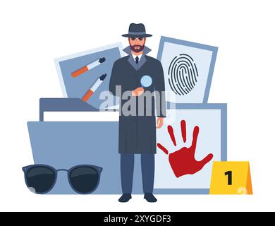 Murder investigation icons composition. Private detective in gray hat and coat. Investigation tools. Crime symbols. Criminology Police Crime Investiga Stock Vector