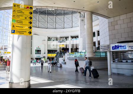 LISBON, Portugal — Humberto Delgado Airport, also known as Lisbon Airport, serves as the main international gateway to Portugal's capital city. This modern facility handles millions of passengers annually, connecting Lisbon to destinations worldwide and serving as a crucial hub for Portuguese and European air travel. Stock Photo