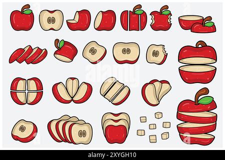 Apple fruits cartoon set with slice, half, cutting and different pose. Design elements for backdrop, pattern, wallpaper, label, flavor, strain and pac Stock Vector