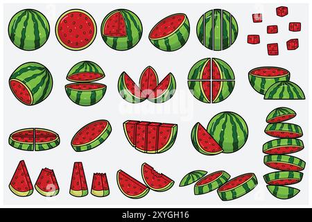 Watermelon fruits cartoon set with slice, half, cutting and different pose. Design elements for backdrop, pattern, wallpaper, label, flavor, strain an Stock Vector