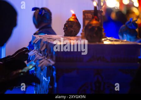 Thailand. 29th Aug, 2024. The skulls placed on a coffin are displayed at the 'Thailand Goosebumps Festival 2024.' The festival is dedicated to ghosts, spirits, and long-held beliefs, aiming to create an exciting and mysterious atmosphere. It connects local legends, ghost stories, and sacred beliefs of the Thai people, promoting tourism. The event is being held in a public park on the property of the State Railway of Thailand, Chiang Mai, Thailand. Credit: SOPA Images Limited/Alamy Live News Stock Photo