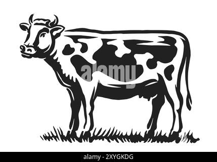 Farm cow standing in a meadow in full growth, side view. Dairy farm, milk, beef concept vector illustration Stock Vector