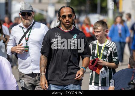 NÂ°44 Lewis Hamilton GBR Mercedes AMG PETRONAS Formula One Team during Formula 1 - Pirelli Gran Premio d'Italia 2024 - Drivers and Paddock, Formula 1 Championship in Monza, Italy, August 29 2024 Stock Photo