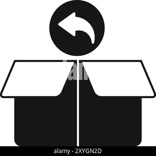 Simple vector icon depicting an open box with a back or return arrow above, symbolizing the action of returning a parcel Stock Vector