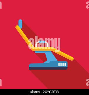 Yellow dentist chair casting long shadow on red background, simple style icon for dental clinic website or print design Stock Vector