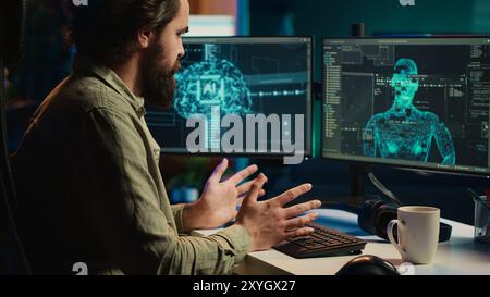 Sentient Ai gains humanoid form inside computer, waving hand, greeting ...