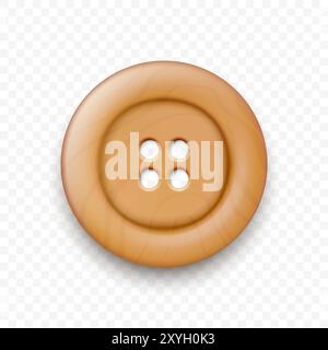 Vector Brown Color Wooden Two Holes Clothes Button Closeup, Isolated on White Background with Reflection. Round Button, Front View Stock Vector
