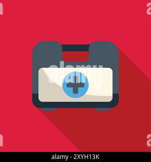 Closed first aid kit is lying flat on a red background, casting a long shadow Stock Vector