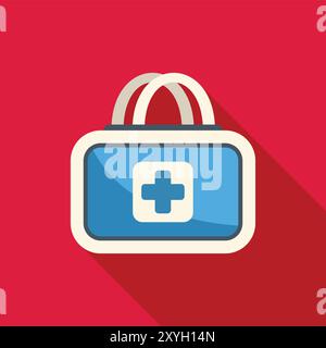 Blue first aid kit closed, lying on a red background, casting a long shadow Stock Vector