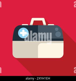 Minimalist vector illustration of a closed first aid kit, lying down, with a blue cross on a red background Stock Vector