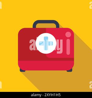 Red first aid kit closed and lying down, casting a long shadow on a yellow background Stock Vector