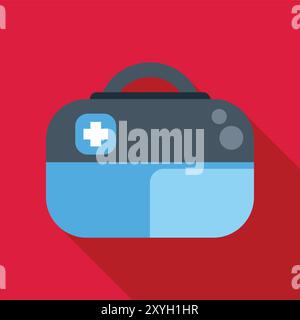 Blue first aid kit closed, showing white cross symbol, over red background Stock Vector