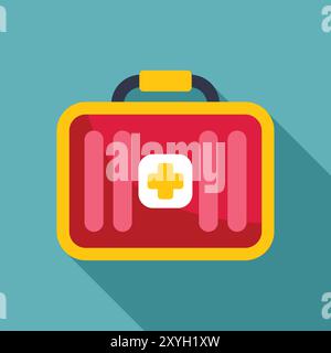 Red first aid kit closed with a white cross in the center lying on a blue background Stock Vector