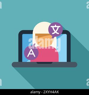 Woman using online translator on laptop for learning foreign languages and online education Stock Vector