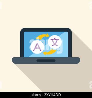 Laptop displaying language translation process from latin alphabet to chinese characters Stock Vector