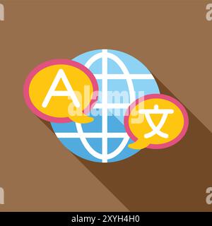 Colorful vector illustration featuring a globe with speech bubbles containing different language letters, symbolizing global communication and translation Stock Vector