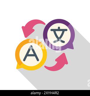 Colorful icon representing language translation with speech bubbles containing different alphabets and exchange arrows Stock Vector