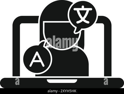 Black glyph icon for language learning app or website, featuring a woman studying a new language on her laptop Stock Vector