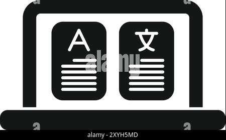 Black icon of a laptop displaying two documents with different alphabets, symbolizing online translation services Stock Vector