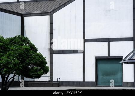 Suzhou, China - June 12, 2024 : A modern, minimalist building with a tiled roof and large, rectangular windows.  A small tree grows in front, and a wa Stock Photo