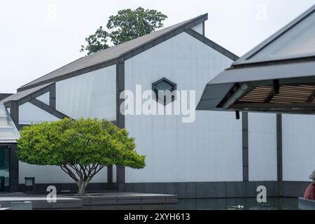 Suzhou, China - June 12, 2024 : A white building with a black roof, a hexagonal window, a tree in the foreground, and a pond in the background. Stock Photo