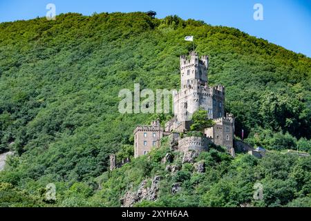 Sooneck Castle as seen from the Rhine River in Germany Stock Photo