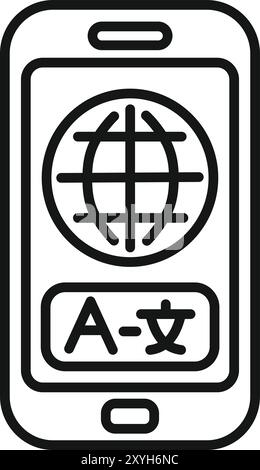 This minimalist vector illustration depicts a smartphone displaying a language translation app, emphasizing global communication and digital accessibility Stock Vector