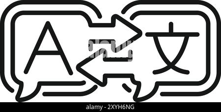 This vector illustration features speech bubbles with arrows translating between english and chinese, symbolizing language learning and cultural exchange Stock Vector