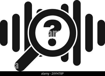 Black and white vector illustration of a magnifying glass analyzing a sound wave with a question mark symbol, representing the concept of audio analysis and research Stock Vector