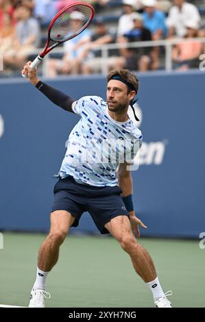 New York, USA. 29th Aug, 2024. Sander Gille of Belgium, playing with doubles partner and Joran Vliegen of Belgium compete against Miomir Kecmanovic of Serbia and Roman Safiullin of Russia in the Men's Doubles: Round 1 at the 2024 U.S. Open tennis tournament at USTA Billie Jean King National Tennis Center, New York, NY, August 29, 2024. (Photo by Anthony Behar/Sipa USA) Credit: Belga News Agency/Alamy Live News Stock Photo