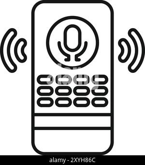 This minimalist vector illustration depicts a smartphone recording an audio message, symbolized by a microphone icon and sound waves Stock Vector