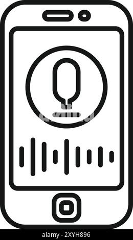 Black and white line art of a smartphone recording audio, with a microphone icon and sound waves displayed on the screen Stock Vector