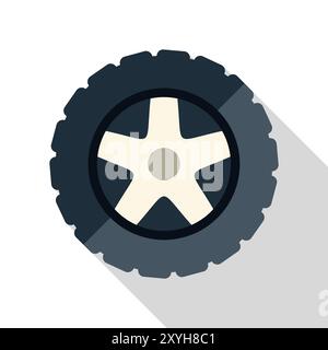 Black tire with rim casting long shadow icon isolated on white background Stock Vector