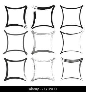 Nine abstract square frames. Hand drawn rough edges. Dynamic black outlines. Vector illustration. Stock Vector
