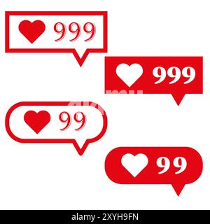 Heart like icons. Social media counter symbols. Numbers 99 and 999 focus. Vector red notification bubbles. Stock Vector