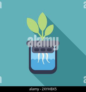 Minimalist flat design icon of a plant growing hydroponically in water with its roots visible Stock Vector