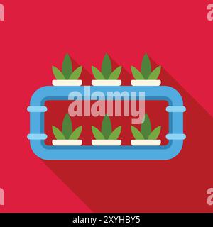 Hydroponic system growing green plants using mineral nutrient solutions in water on a red background Stock Vector
