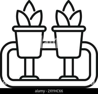Simple vector icon of two plants growing in pots connected by a pipe, representing a hydroponic system Stock Vector
