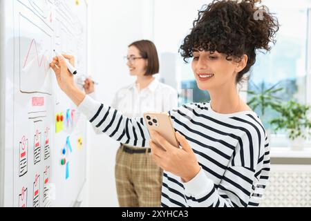 Developing UI design. Women drawing website wireframe on whiteboard indoors Stock Photo