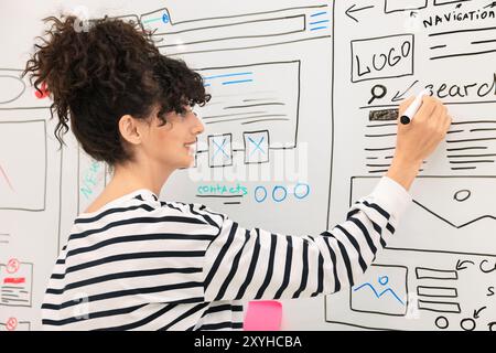 Developing UI design. Woman drawing website wireframe on whiteboard indoors Stock Photo