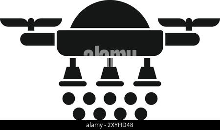 Black simple icon of an agricultural drone spraying fertilizer on a field Stock Vector