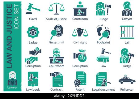 Law icon set. solid icon style. icon related to law and justice. scale of justice, judge, corruption, and more. law element vector illustration Stock Vector