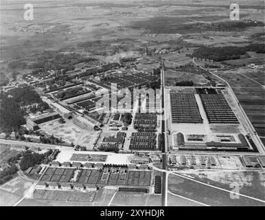 An aerial view of Dachau. Dachau was the first nazi concentration camp, opening on 22 March 1933 (just 7 weeks after Hitler came to power). Although it was a forced labour camp and there were no gas chambers there, brutality and violent punishments were the norm. There were 32000 documented deaths there and many thousands more undocumented. The main camp (Dachau had 100 sub-camps) was liberated by the US Army on 29th April 1945. Stock Photo